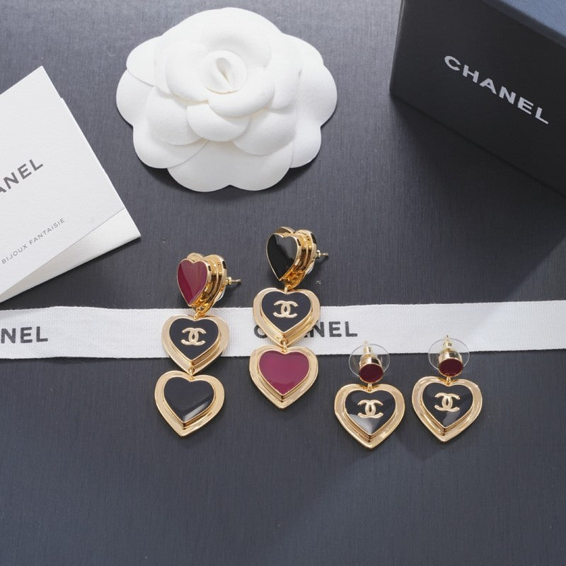 18K Chanel Black & Red Heart Gold Earrings